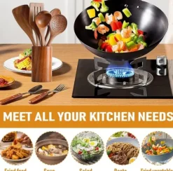 OBOSOE 9 delar köksredskapsset i teak - Träspatel, slev, gaffel m.m. med förvaringsburk & skedställ, för non-stick-pannor