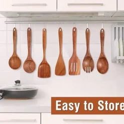 OBOSOE 9 delar köksredskapsset i teak - Träspatel, slev, gaffel m.m. med förvaringsburk & skedställ, för non-stick-pannor