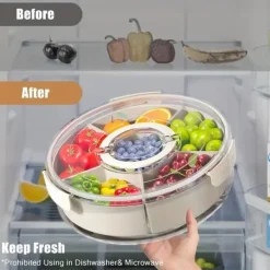 OBOSOE 360° Roterande Frukt- & Snackbricka med Lock & Handtag – Mångsidig PP-plast Organizer för Frukter, Grönsaker & Tilltugg