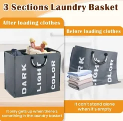 Tvättutrustning-OBOSOE Hopfällbar Tvättkorg i Tyg med 3 Fack – Tvättsorterare & Förvaringskorg för Kläder och Leksaker