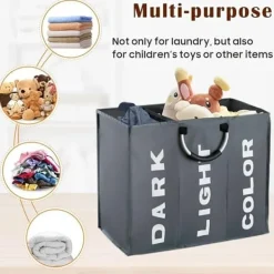 Tvättutrustning-OBOSOE Hopfällbar Tvättkorg i Tyg med 3 Fack – Tvättsorterare & Förvaringskorg för Kläder och Leksaker