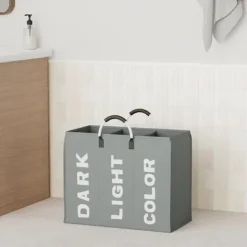 Tvättutrustning-OBOSOE Hopfällbar Tvättkorg i Tyg med 3 Fack – Tvättsorterare & Förvaringskorg för Kläder och Leksaker