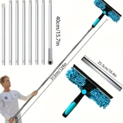 OBOSOE 2-i-1 Fönsterskrapa med Teleskopskaft 313cm – Fönstertvätt och Skrapa för Höga Fönster, Bilar, Dusch, Inomhus & Utomhus