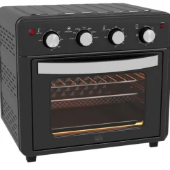 OBOSOE Mini-ugn med varmluft – 30L, 7 funktioner, 90°C–230°C, bakplåt, grillgaller, smulbricka, fritös med friteringskorg, svart