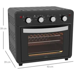 OBOSOE Mini-ugn med varmluft – 30L, 7 funktioner, 90°C–230°C, bakplåt, grillgaller, smulbricka, fritös med friteringskorg, svart