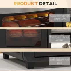 OBOSOE Mini-ugn med varmluft – 30L, 7 funktioner, 90°C–230°C, bakplåt, grillgaller, smulbricka, fritös med friteringskorg, svart