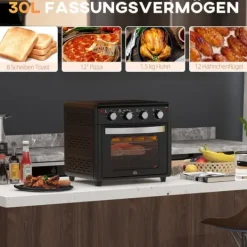 OBOSOE Mini-ugn med varmluft – 30L, 7 funktioner, 90°C–230°C, bakplåt, grillgaller, smulbricka, fritös med friteringskorg, svart