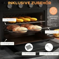 OBOSOE Mini-ugn med varmluft – 30L, 7 funktioner, 90°C–230°C, bakplåt, grillgaller, smulbricka, fritös med friteringskorg, svart
