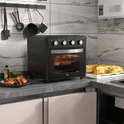 OBOSOE Mini-ugn med varmluft – 30L, 7 funktioner, 90°C–230°C, bakplåt, grillgaller, smulbricka, fritös med friteringskorg, svart