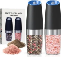 OBOSOE 2-Pack Elektrisk Salt- och Pepparkvarn med LED-ljus – Batteridriven Automatisk Kryddkvarn med Justerbar Grovlek