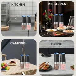 OBOSOE 2-Pack Elektrisk Salt- och Pepparkvarn med LED-ljus – Batteridriven Automatisk Kryddkvarn med Justerbar Grovlek