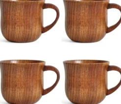 Kaffe- & Teserviser-OBOSOE 4-pack trämuggar med handtag – 150 ml naturliga drickskoppar i hagtornsträ