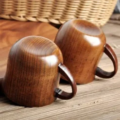 Kaffe- & Teserviser-OBOSOE 4-pack trämuggar med handtag – 150 ml naturliga drickskoppar i hagtornsträ