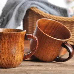 Kaffe- & Teserviser-OBOSOE 4-pack trämuggar med handtag – 150 ml naturliga drickskoppar i hagtornsträ