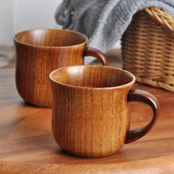 Kaffe- & Teserviser-OBOSOE 4-pack trämuggar med handtag – 150 ml naturliga drickskoppar i hagtornsträ