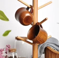 Kaffe- & Teserviser-OBOSOE 4-pack trämuggar med handtag – 150 ml naturliga drickskoppar i hagtornsträ