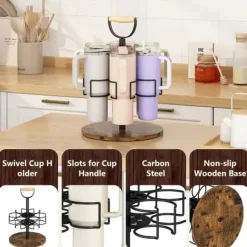 OBOSOE Roterbart gjutjärnsglasställ med handtag - Slipfast träbas, 360° rotation, kolfatställning, praktiskt för kök & vardagsrum