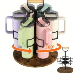 OBOSOE Roterbart gjutjärnsglasställ med handtag - Slipfast träbas, 360° rotation, kolfatställning, praktiskt för kök & vardagsrum