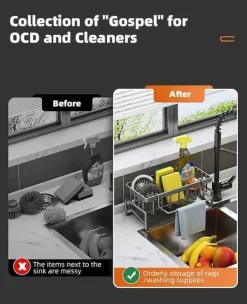 OBOSOE Självtränande tvål svamp hållare, rostfritt stål handfat hylla, kök handfat avloppshylla med delare, kök bänkskiva arrangöre