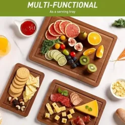 OBOSOE Skärbrädor i Bambu 3-pack – Tjocka Träskärbrädor för Kött, Grönsaker & Frukt – Jul, Halloween & Högtider