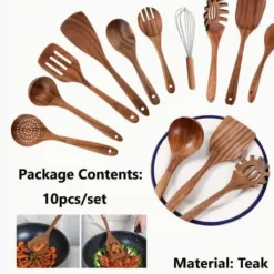 OBOSOE Trä Kökstillbehör Set, 10-delars Matlagningsredskap Set i Teakträ, Non-stick & Ergonomisk Design