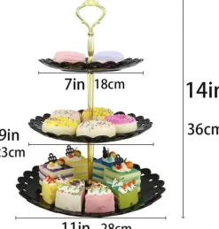 OBOSOE Trevånings godis- och tårtfat i svart PP – fruktfat, dessertställ för bröllop och fest