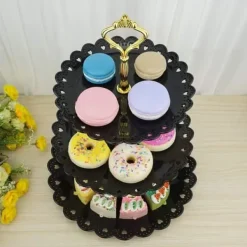 OBOSOE Trevånings godis- och tårtfat i svart PP – fruktfat, dessertställ för bröllop och fest