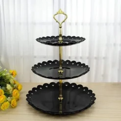 OBOSOE Trevånings godis- och tårtfat i svart PP – fruktfat, dessertställ för bröllop och fest