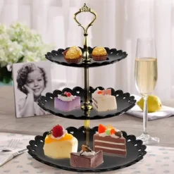 OBOSOE Trevånings godis- och tårtfat i svart PP – fruktfat, dessertställ för bröllop och fest