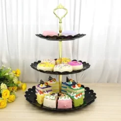 OBOSOE Trevånings godis- och tårtfat i svart PP – fruktfat, dessertställ för bröllop och fest