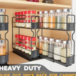 OBOSOE 2-vånings Kryddhylla för Skåp – Tung Duty Utdraggbar Design med Märklappar, 13 cm bred x 27 cm djup x 25 cm hög (Utan Burkar)