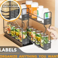 OBOSOE 2-vånings Kryddhylla för Skåp – Tung Duty Utdraggbar Design med Märklappar, 13 cm bred x 27 cm djup x 25 cm hög (Utan Burkar)
