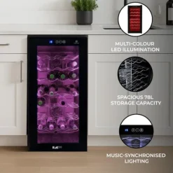 Oriva Vinkyl 78L | Plats för 28 flaskor | Flerfärgad LED med musiksynk | Digital kontroll | Termoelektrisk kylning 8–18 °C | Fjärrkontroll | Tyst, kom | CDON