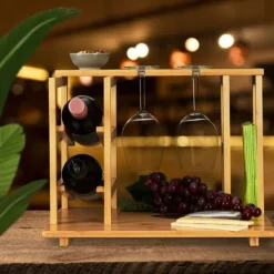 Vinflaskhållare-Ostbricka, Bambumaterial, 26.5x40.5x33 cm, Natur