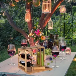 Vinflaskhållare-Ostbricka, Bambumaterial, 26.5x40.5x33 cm, Natur