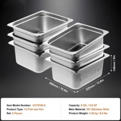 8-pack 1/2 storlek Hotellpannor i rostfritt stål, Ångbordspanna med 4