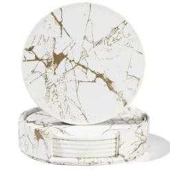 Glasunderlägg-6-Pack Glasunderlägg PU-Läder Guld Marmor Vit