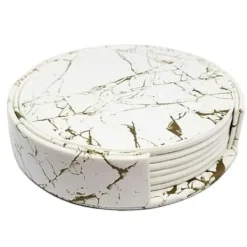 Glasunderlägg-6-Pack Glasunderlägg PU-Läder Guld Marmor Vit