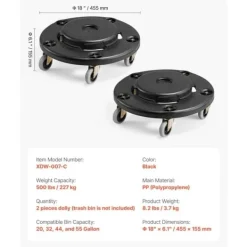 2-pack Rund Papperskorgs-Dolly, Passar 20, 32, 44, 55 Gal Sopbehållare, Robust och Lätt att Flytta