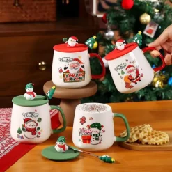 Kaffe- & Teserviser-1-pack utsökt 3D-kaffekopp i keramik med lock, julmugg, med ett sött trädmönster på handtaget