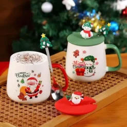 Kaffe- & Teserviser-1-pack utsökt 3D-kaffekopp i keramik med lock, julmugg, med ett sött trädmönster på handtaget