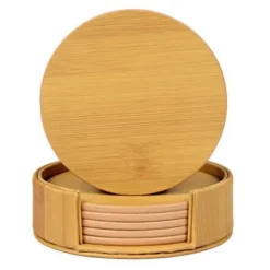 6-Pack Vändbara Glasunderlägg PU med Hållare Trä Ek Brun