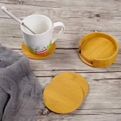 6-Pack Vändbara Glasunderlägg PU med Hållare Trä Ek Brun