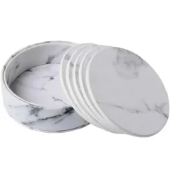 Glasunderlägg-6-Pack Vändbara Glasunderlägg Vit Marmor PU med Hållare