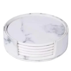 Glasunderlägg-6-Pack Vändbara Glasunderlägg Vit Marmor PU med Hållare