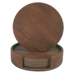 Glasunderlägg-6-Pack Vändbara Glasunderlägg Valnöt PU med Hållare Brun
