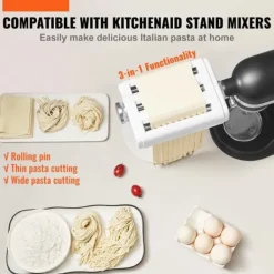 Pastatillbehör för KitchenAid, 3-i-1 rostfritt stål, Pasta Roller, Spaghetti och Fettuccine Cutter, justerbar tjocklek.