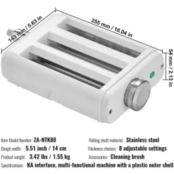 Pastatillbehör för KitchenAid, 3-i-1 rostfritt stål, Pasta Roller, Spaghetti och Fettuccine Cutter, justerbar tjocklek.