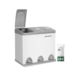 Källsorteringskärl-Pedal papperskorg, 3 x 8L återvinningskärl, 3-fack metall papperskorg, avfallssortering för kök, inkluderar 15 soppåsar, lätt att rengöra, stål, vit | CDON