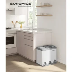 Källsorteringskärl-Pedal papperskorg, 3 x 8L återvinningskärl, 3-fack metall papperskorg, avfallssortering för kök, inkluderar 15 soppåsar, lätt att rengöra, stål, vit | CDON